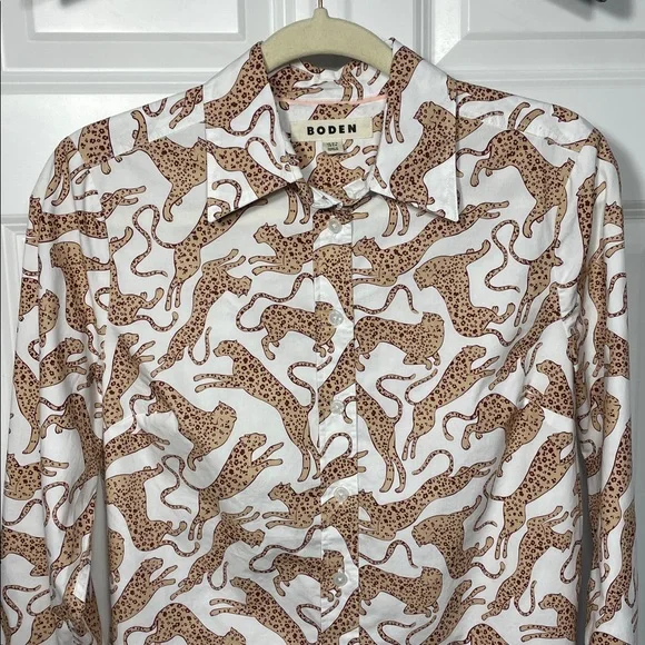 Boden Sienna Cotton Shirt Size 6 Leaping Leopard Button Up White Tan Long Sleeve - Picture 5 of 16